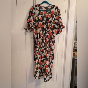Who What Wear Multi-Color Print Midi Dress with ruffle Sleeves and Waist Tie